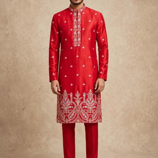 Red base with white and light blue embroidery accents Kurta with matching trousers