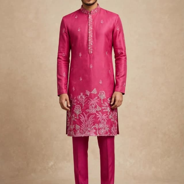 Magenta with silver/white embroidery Kurta Set