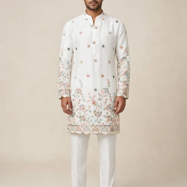 Off-white base with pastel pink, muted green, and soft blue embroidery Kurta Set