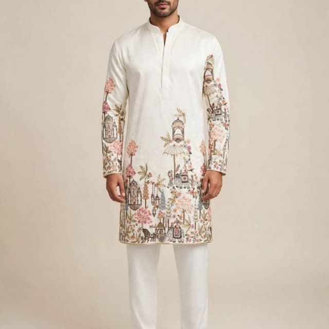 Off-white base with multicolor pastel threadwork including peach, muted green, soft blue, and earthy browns Kurta Set