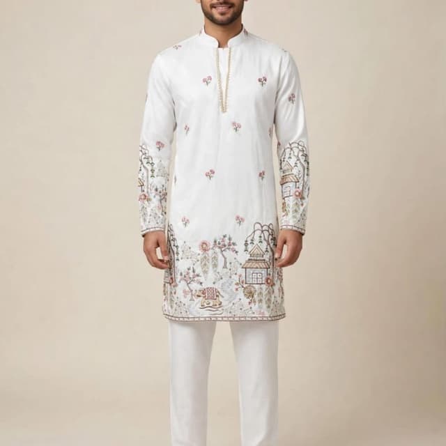 White base with multi-color pastel embroidery including pink, brown, green, and gold Kurta with Pajama Set