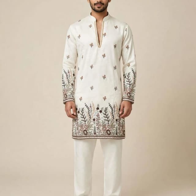 Off-white base with multi-colored floral embroidery in shades of green, brown, pink, and tan Kurta Set
