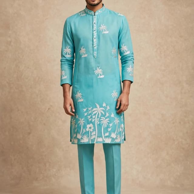 Turquoise blue base with white threadwork embroidery Kurta Set