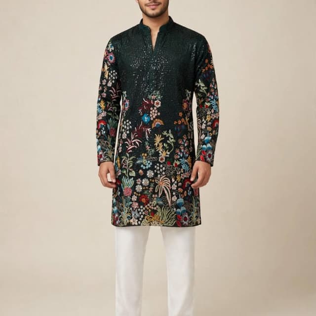 Deep forest green base with a multi-colored floral embroidery palette of red, blue, yellow, and white Kurta