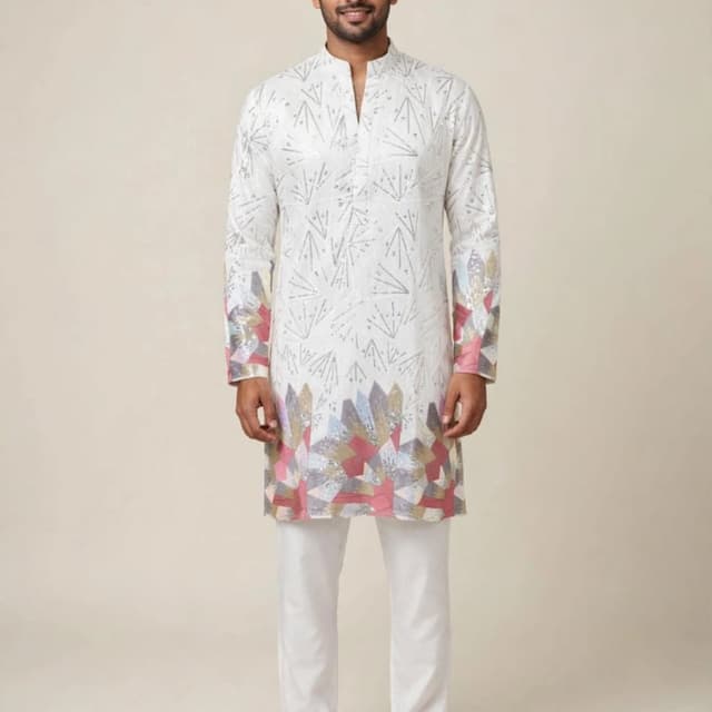 White base with pastel pink, muted blue, and grey accents Kurta