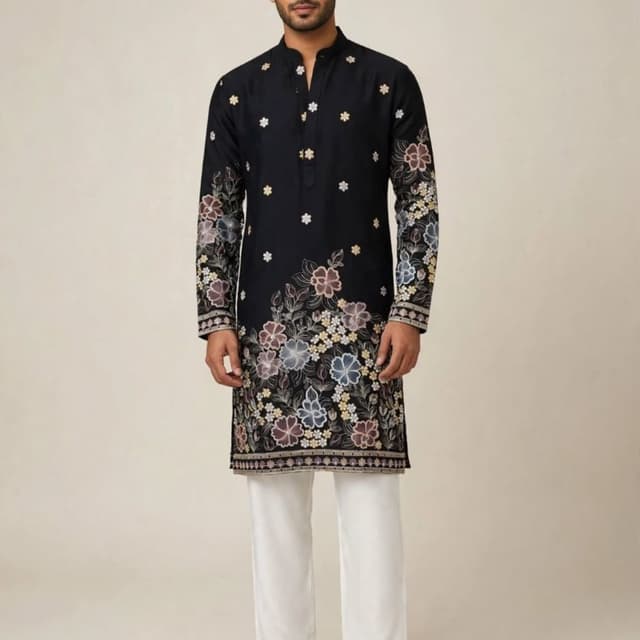 Black base with floral embroidery in muted tones of dusty rose, sage green, cream, and slate blue Kurta