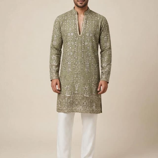 Sage green base with white and silver threadwork Kurta