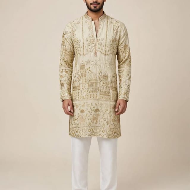 Beige, Gold, Cream Kurta
