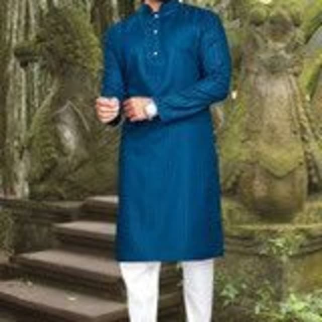 Solid deep blue kurta paired with solid white trousers Kurta Pyjama set