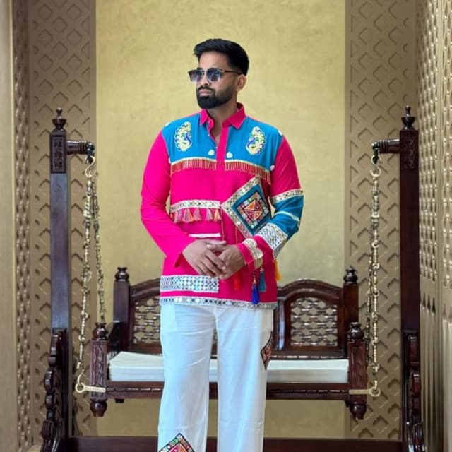 Hot pink, bright turquoise, white, and multi-color accents Kurta with Pajama set