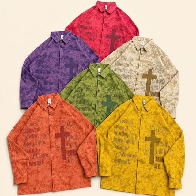 Multi-colored assortment including Red, Purple, Beige, Green, Orange, and Yellow Shirt