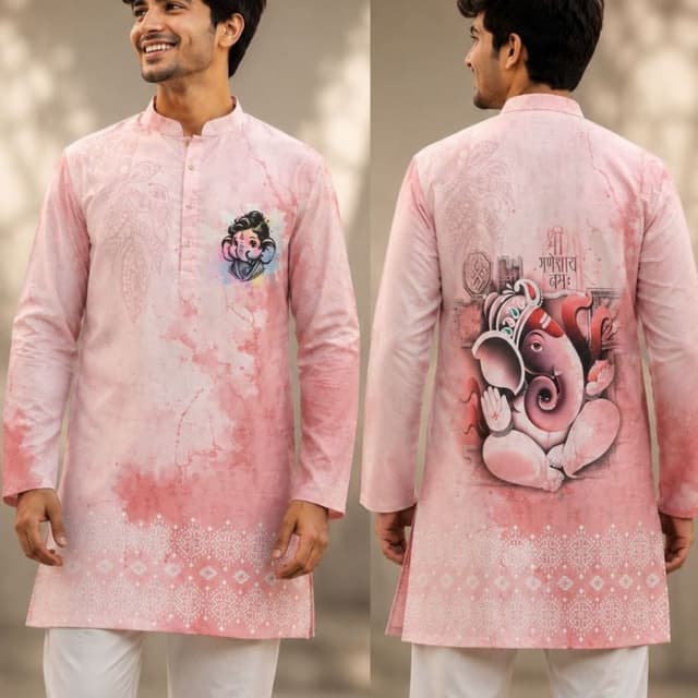 Pastel pink, white, and multi-color digital print Kurta