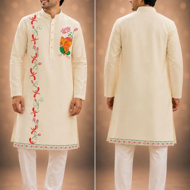Off-white base with multi-colored hand-painted accents (orange, pink, green, red) Kurta