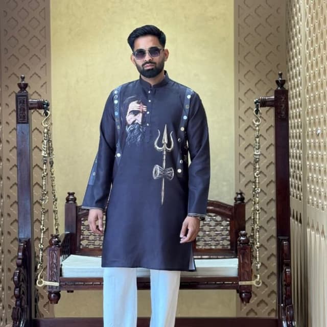 Dark charcoal grey kurta with white pants Kurta Pyjama Set