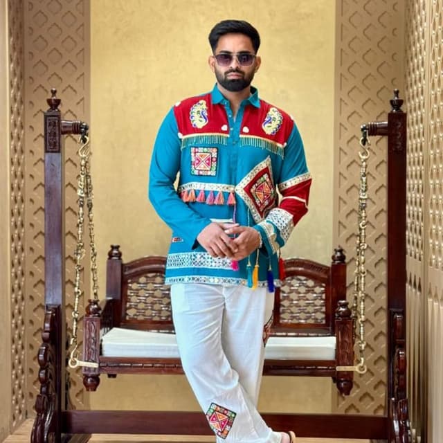 Teal blue, vibrant red, white, with multicolored accent embroidery Kurta with Trousers