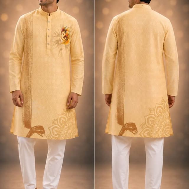 Light yellow base with golden-brown printed motifs and vibrant multi-color Ganesha design Kurta with churidar/trousers
