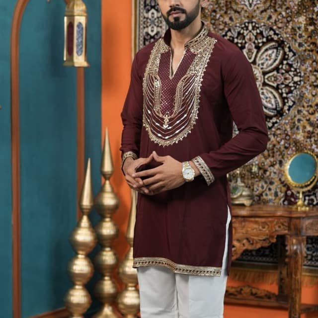 Deep maroon kurta with white trousers Kurta Pyjama set