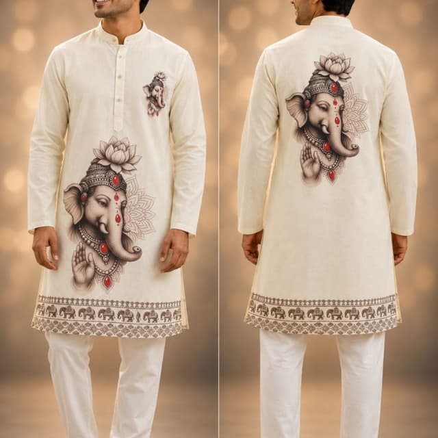 Off-white base with maroon, grey, and brown accents Kurta