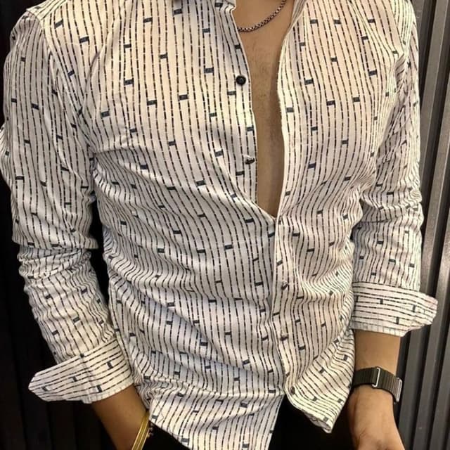 White base with black and dark navy vertical dashed line patterns Shirt