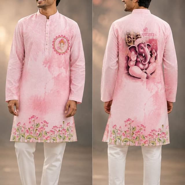 Light pink base with watercolor texture, accented with darker pink, green, and white Kurta