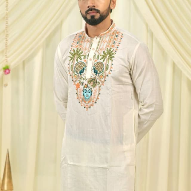 Off-white base with multicolor embroidery including orange, green, blue, and gold Kurta