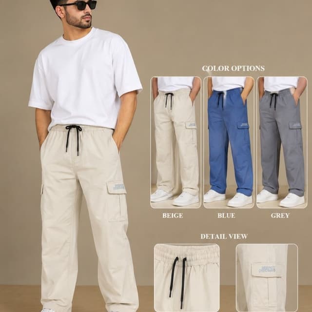 Beige, Blue, Grey Cargo Pants
