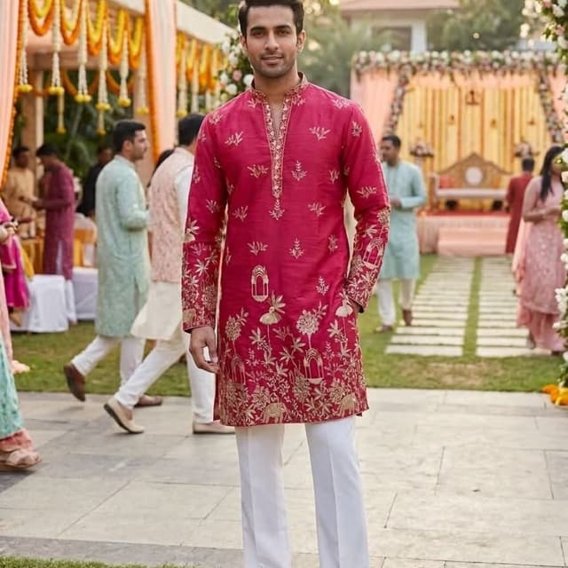 Deep pink (fuchsia) base with gold thread embroidery Kurta