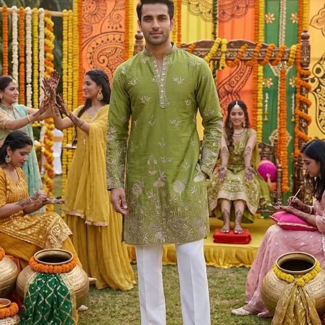 Olive green and white Kurta Pyjama set