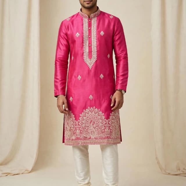 Vibrant Pink (Magenta) with White embroidery and Off-white bottom Kurta with Churidar