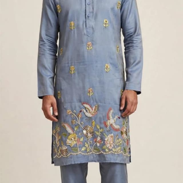 Dusty blue, multi-colored floral and avian motifs Kurta Pyjama set