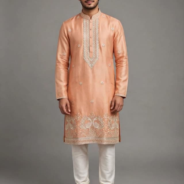 Peach, Off-White, Gold Kurta Pyjama Set