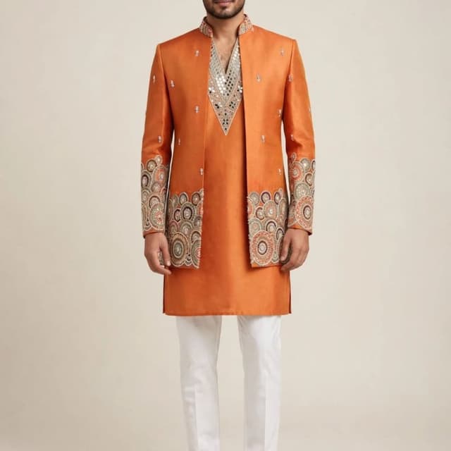 Burnt Orange, White, Silver, Multi-colored embroidery Indo-Western Sherwani Set