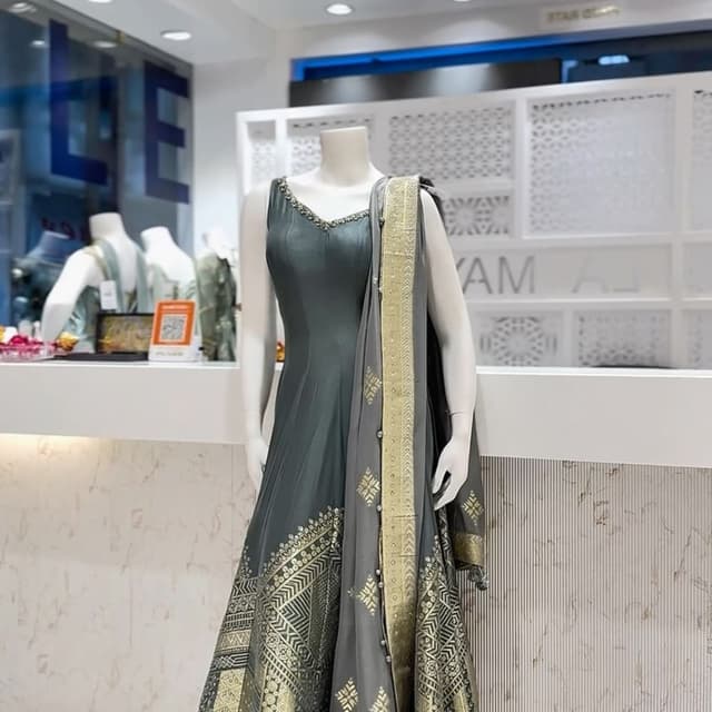 Dark Grey and Gold Anarkali Suit Set