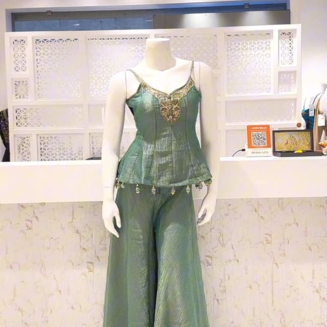 Sage green, metallic gold, muted emerald Peplum top and palazzo set