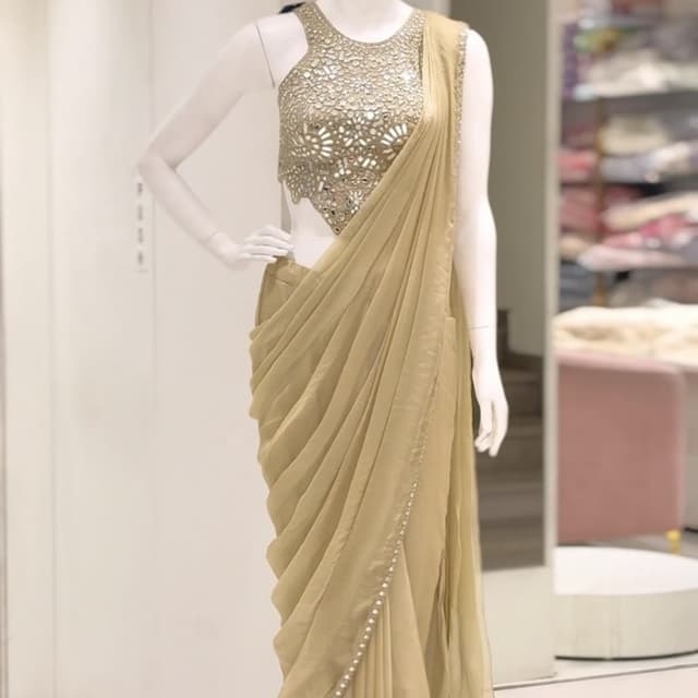 Champagne Gold Pre-draped Saree