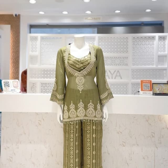Olive Green with metallic gold/beige embroidery Co-ord set (Tunic and Pant)
