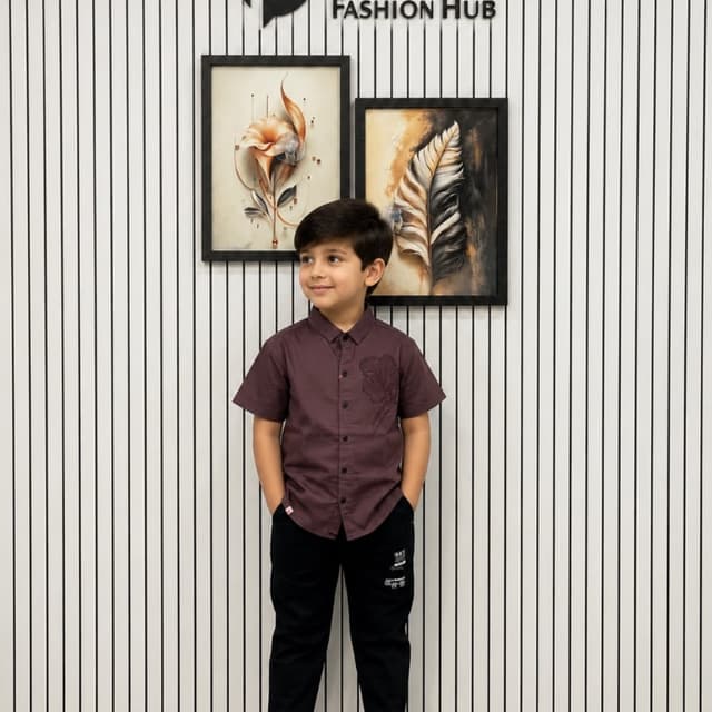 Dark purple shirt with black pants and white shoes Shirt and pants set