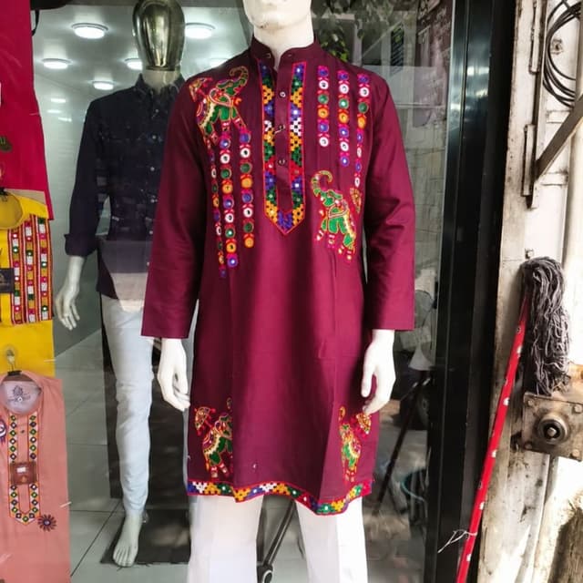 Deep Maroon base with multi-colored embroidery and mirror accents Kurta