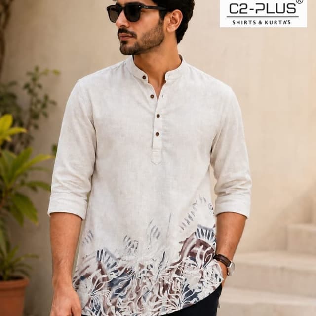 Beige base with blue and brown printed accents Kurta