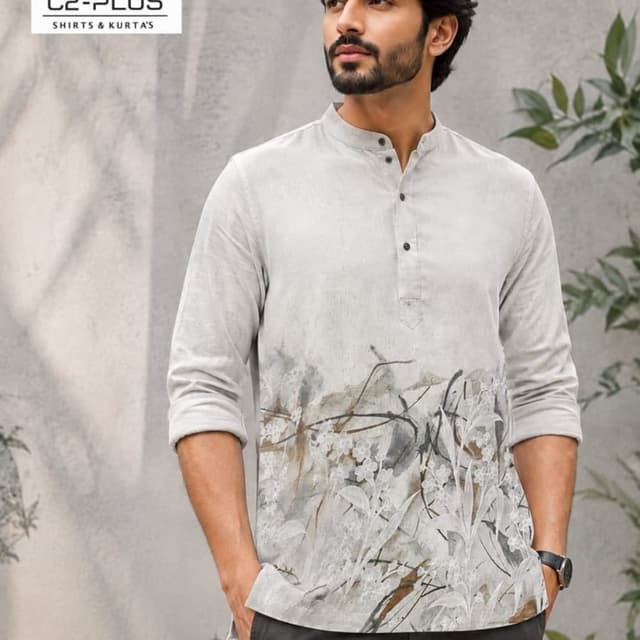 Light grey base with charcoal, white, and subtle earthy brown tones in the print Kurta