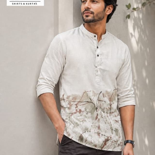 Beige, off-white, earth-toned brown and green floral print Kurta