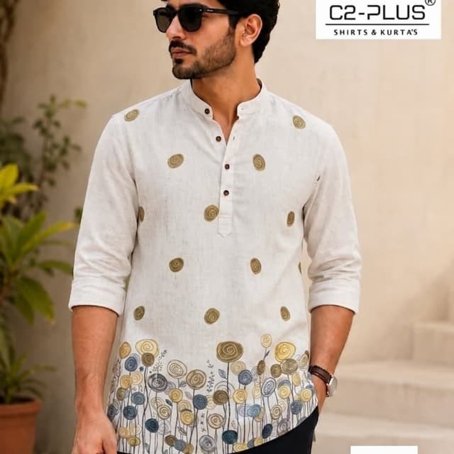 Off-white base with golden yellow, muted blue, and grey accents Short Kurta