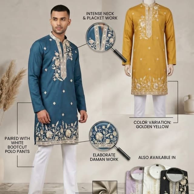 Teal, Golden Yellow, White Kurta