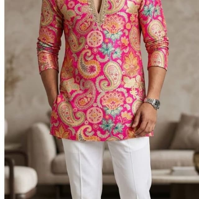 Hot pink base with multi-colored paisley patterns including yellow, orange, green, and gold Kurta