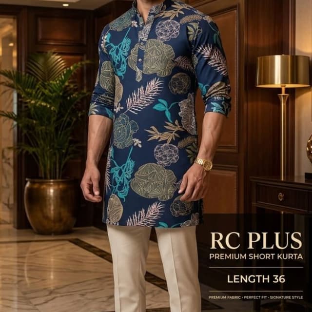 Navy blue base with gold, teal, and cream accents Short Kurta