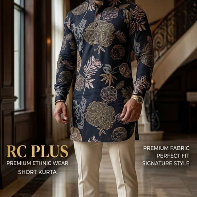 Navy Blue with Gold and Copper floral accents, paired with Cream trousers Short Kurta
