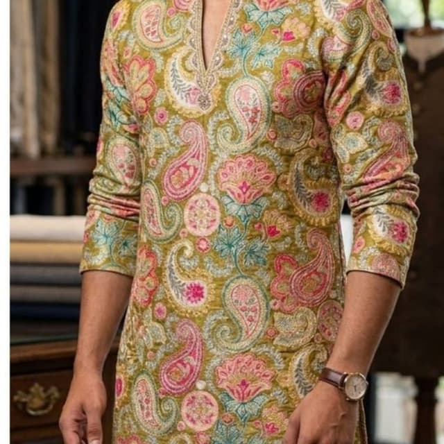 Olive green base with accents of pink, teal, gold, and cream Kurta
