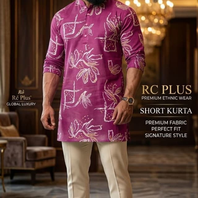Magenta base with white and light golden line-art print Short Kurta