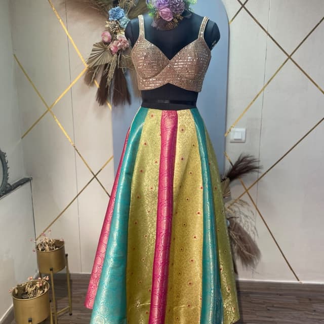Multi-colored (Gold, Teal, Pink) Lehenga Choli