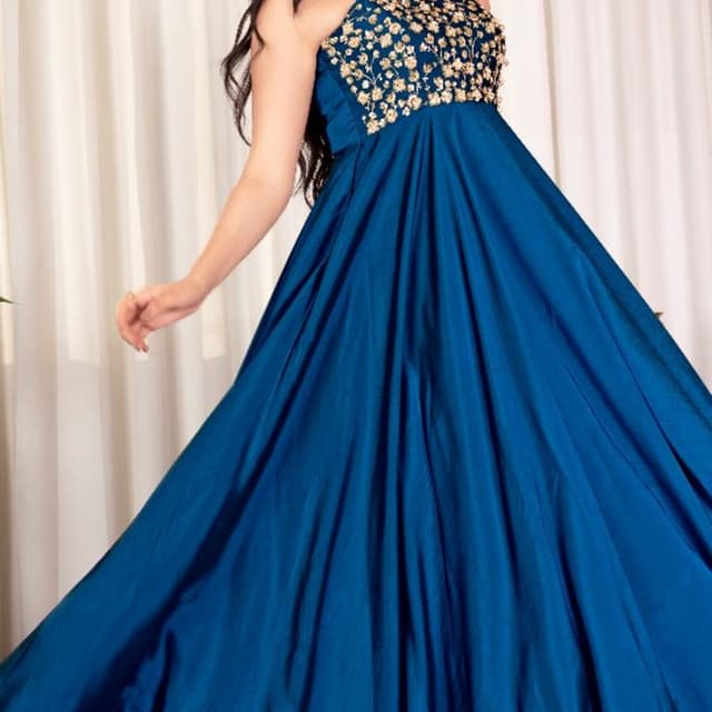 Deep Peacock Blue and Gold Anarkali Gown